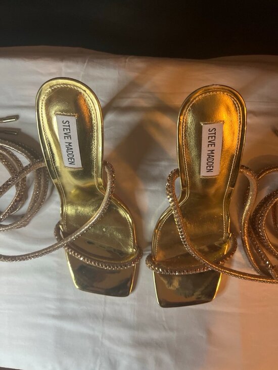 Steve Madden Gold Rhinestone Lace-Up Heels trappy Sandals - Picture 5 of 6